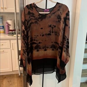 Sheer Brown Tie-Dye Blouse by Carole Donigham California chiffon fabric tie dye